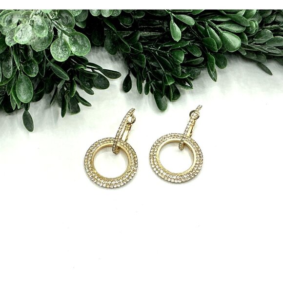 Gold Tone  Rhinestone Open Circle Leverback Drop Earrings Elegant Jewelry - Picture 2 of 9